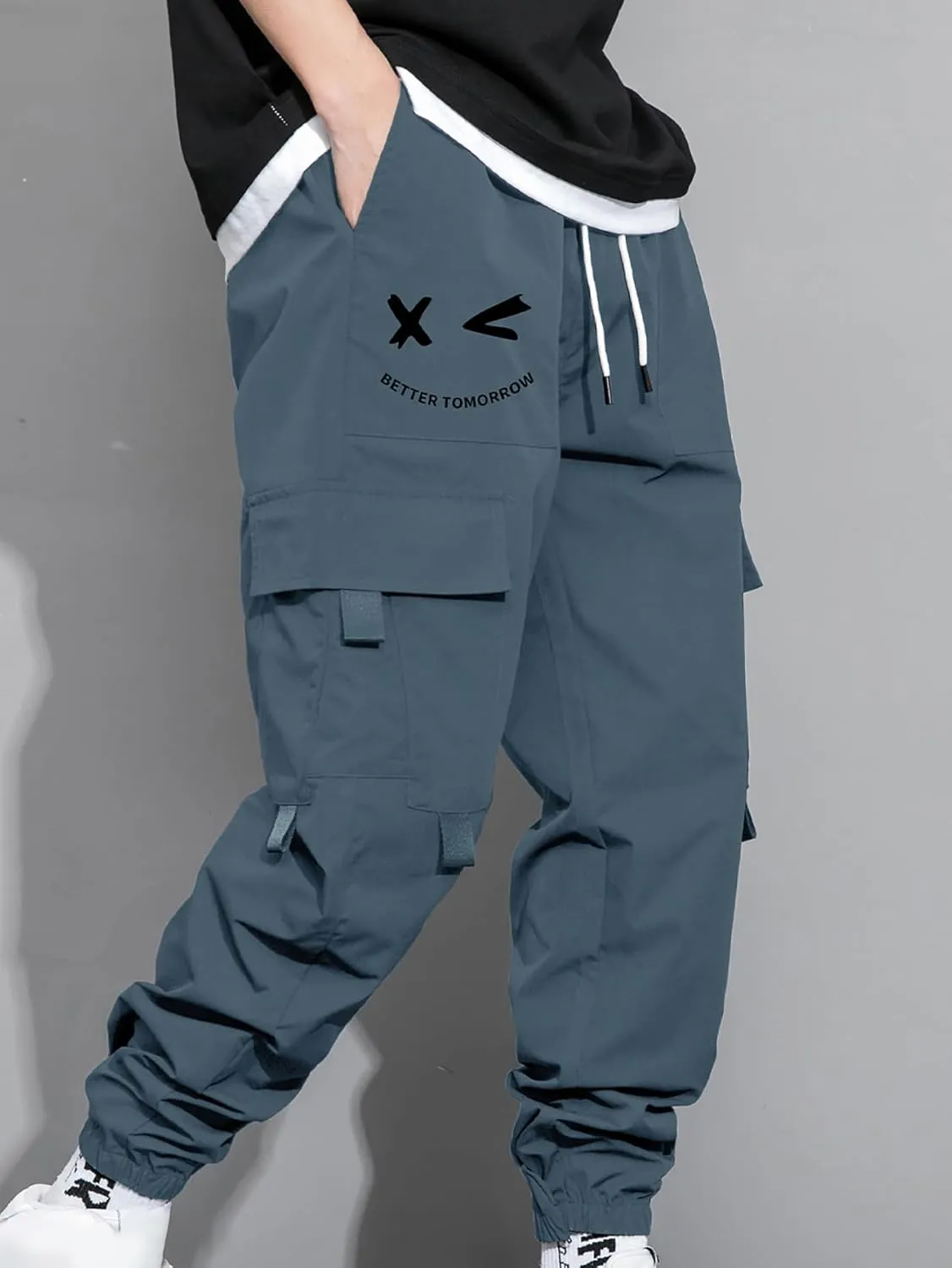 GORGLITTER Men's Graphic Cargo Pants Casual Drawstring Multiple Pocket High Waisted Street Pants