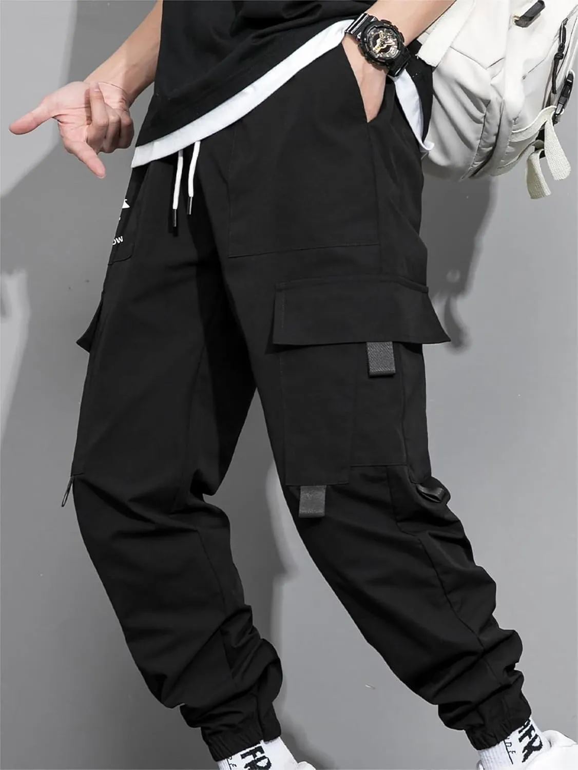 GORGLITTER Men's Graphic Cargo Pants Casual Drawstring Multiple Pocket High Waisted Street Pants