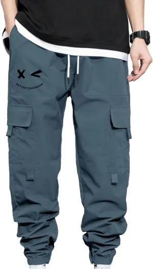GORGLITTER Men's Graphic Cargo Pants Casual Drawstring Multiple Pocket High Waisted Street Pants