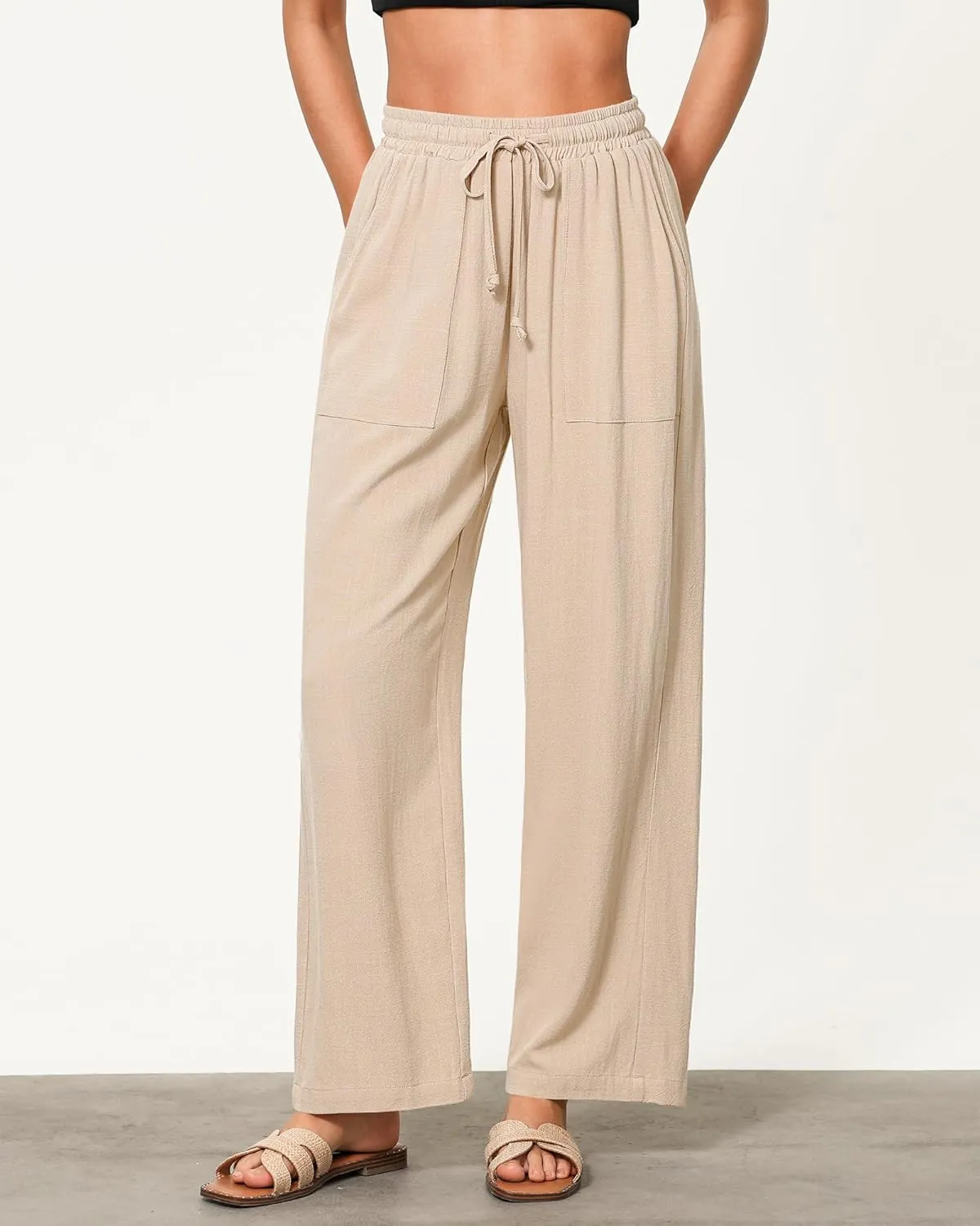GRAPENT Linen Pants for Women Wide Leg High Waisted Baggy Drawstring Elastic Waist Palazzo Trousers Pants with Pockets