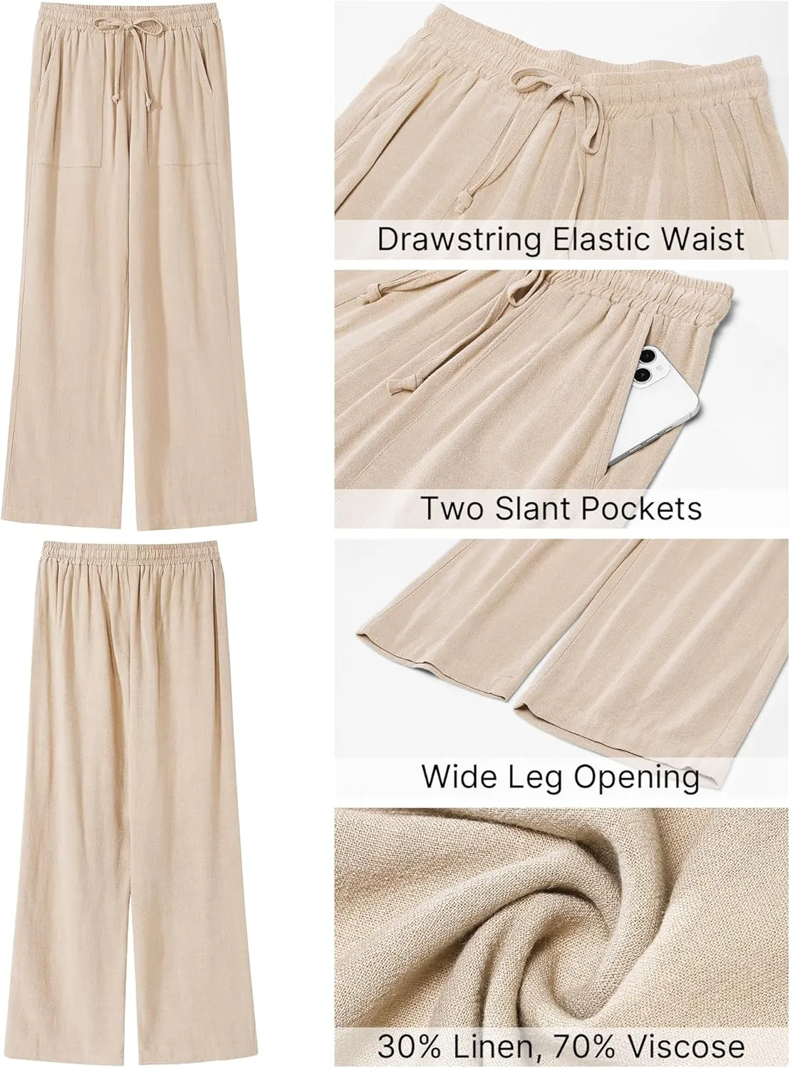 GRAPENT Linen Pants for Women Wide Leg High Waisted Baggy Drawstring Elastic Waist Palazzo Trousers Pants with Pockets