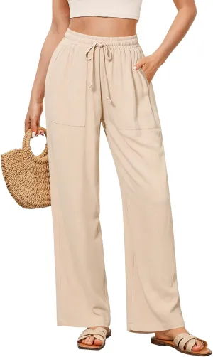 GRAPENT Linen Pants for Women Wide Leg High Waisted Baggy Drawstring Elastic Waist Palazzo Trousers Pants with Pockets