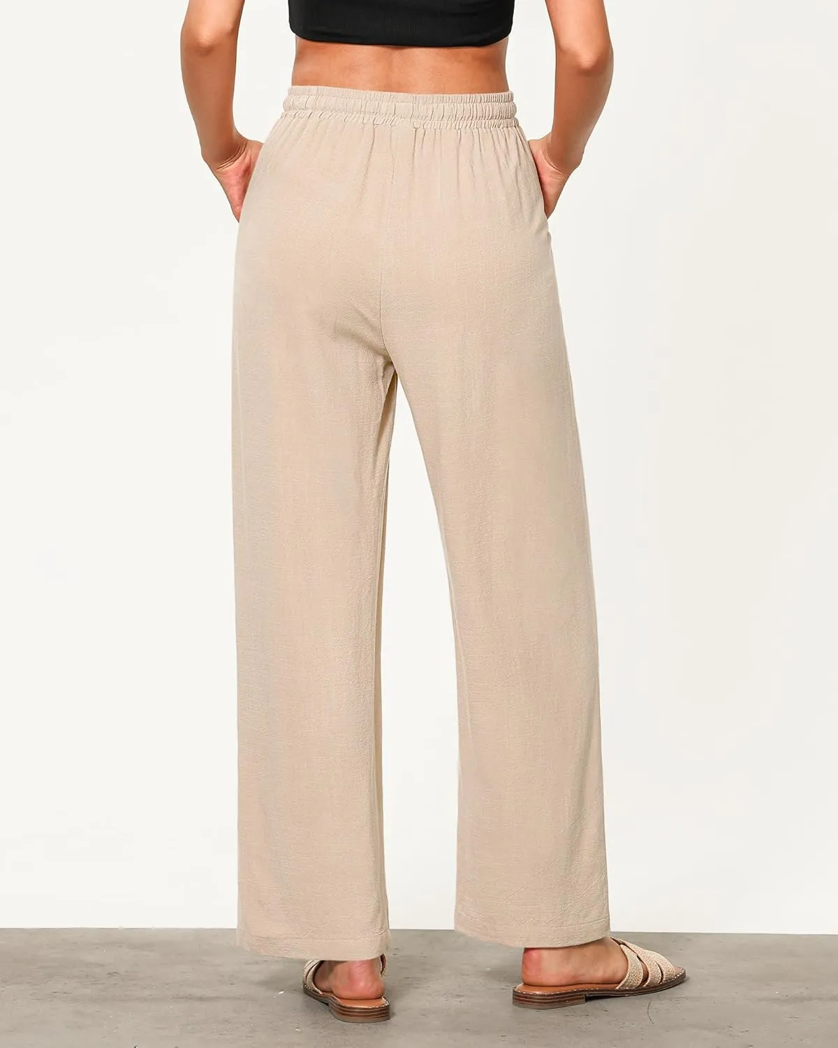 GRAPENT Linen Pants for Women Wide Leg High Waisted Baggy Drawstring Elastic Waist Palazzo Trousers Pants with Pockets