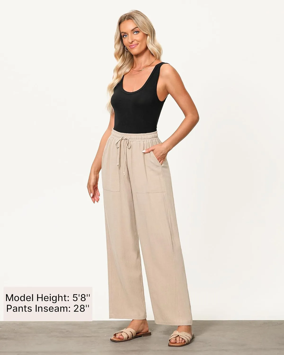 GRAPENT Linen Pants for Women Wide Leg High Waisted Baggy Drawstring Elastic Waist Palazzo Trousers Pants with Pockets