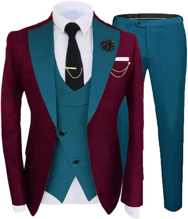 Groom Suits for Wedding 2024 Mens Suits Slim Fit Burgundy Tuxedo Suit Set for Party JXZ089