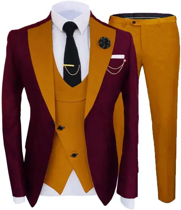 Groom Suits for Wedding 2024 Mens Suits Slim Fit Burgundy Tuxedo Suit Set for Party JXZ089
