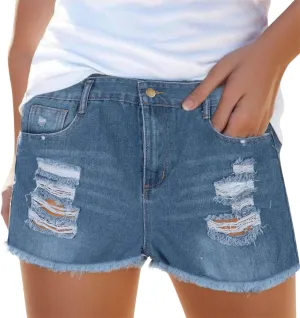 High Waisted Curvy Jeans Shorts For Women Frayed Raw Hem Distressed Ripped Hot Shorts Trendy Pull On Denim Shorts