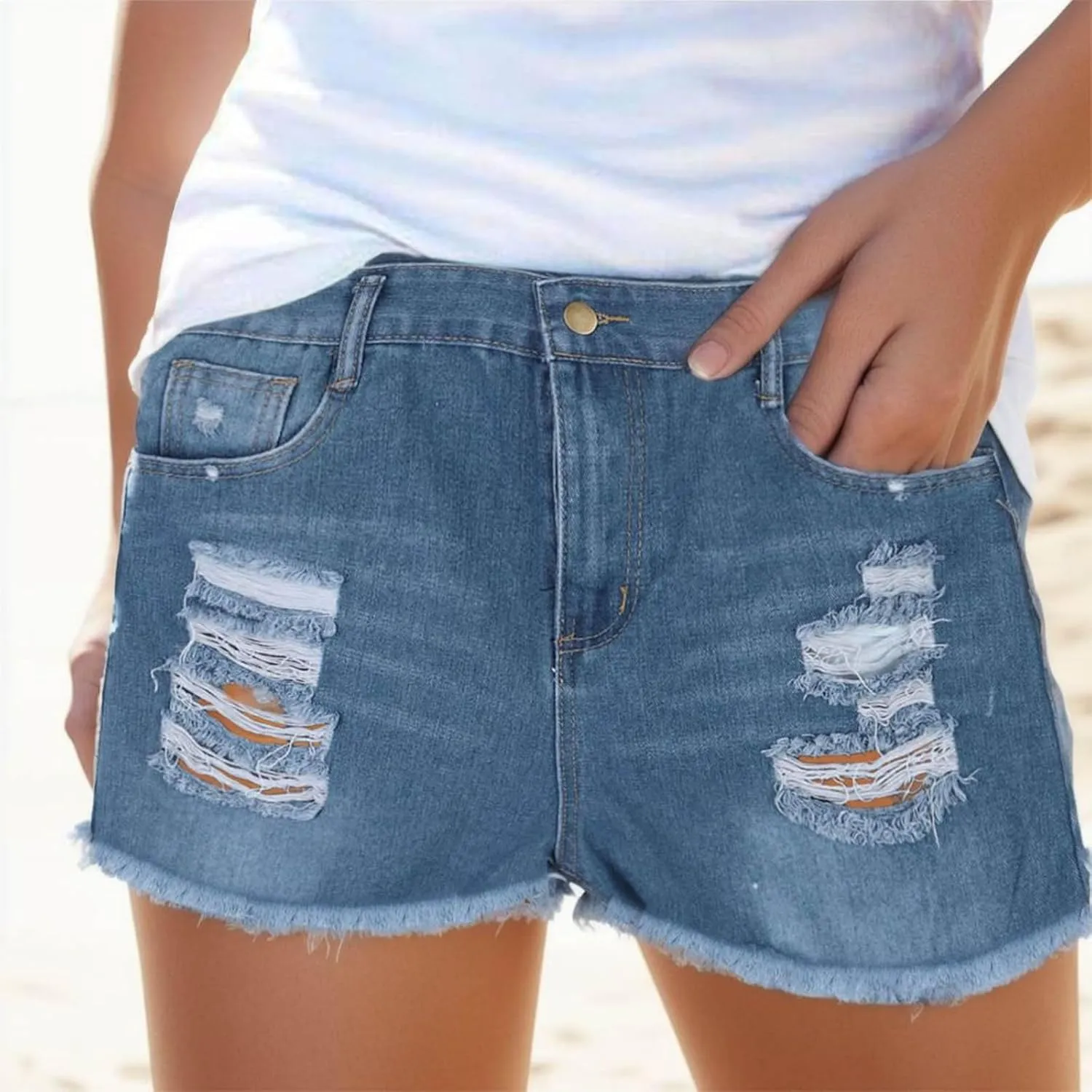 High Waisted Curvy Jeans Shorts For Women Frayed Raw Hem Distressed Ripped Hot Shorts Trendy Pull On Denim Shorts