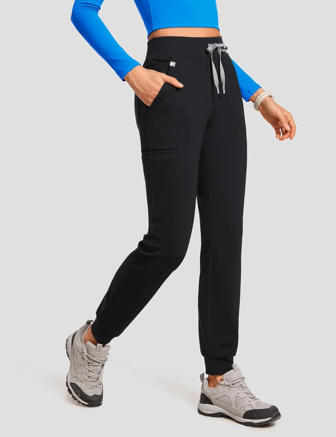 High Waisted Jogger Medical Scrub Pants Women - 7 Pockets Stretch Knit Drawstring Yoga Waistband Slim Fit Pants