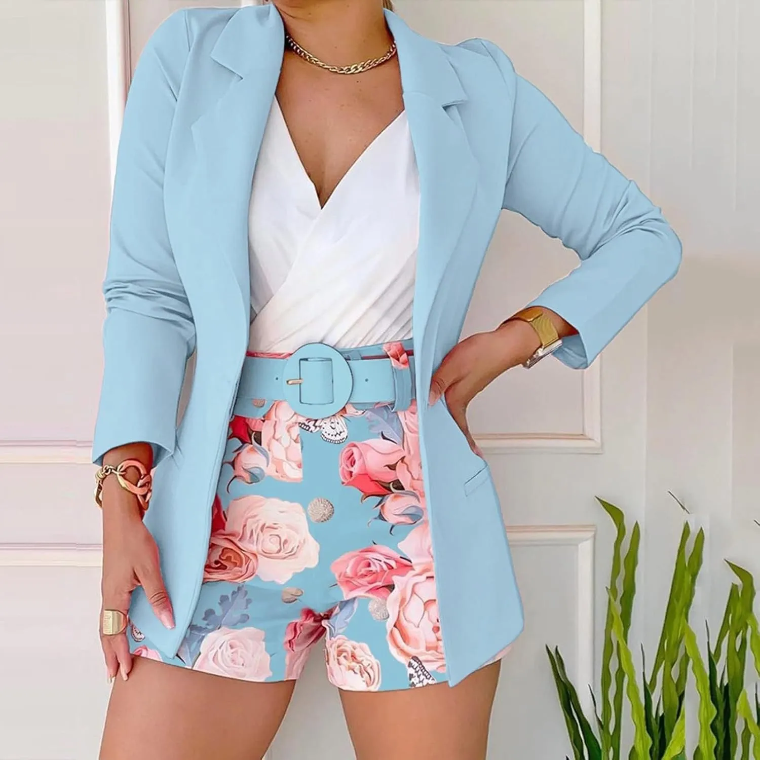 hlysgo Women's Blazer Shorts Set 2 Piece Outfits Long Sleeve Blazer Jacket with Shorts Elegant Business Office Suit Sets