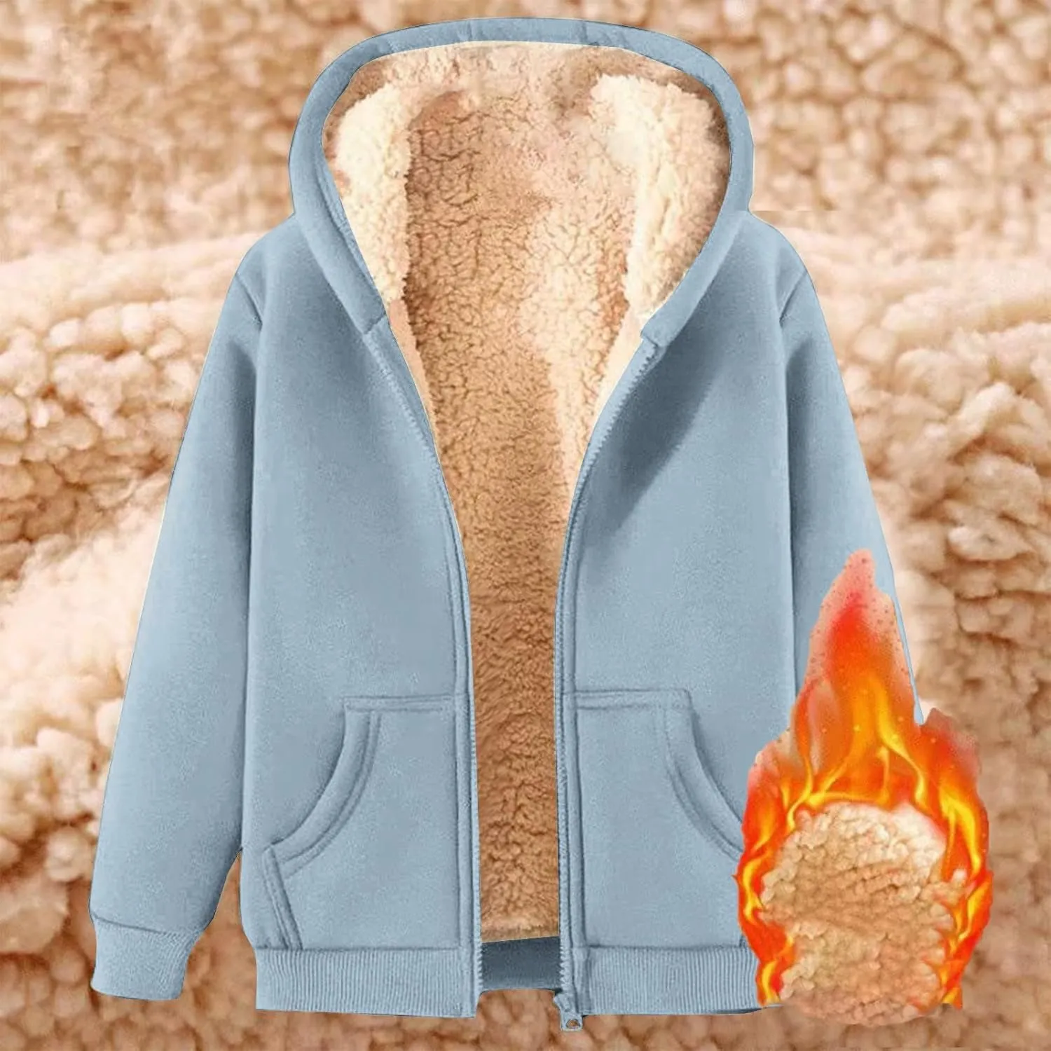 Hoodie Men Fuzzy Fleece Sweatshirt Zip Up Thick Sherpa Lined Jacket Comfortable Soft Hooded Sweatshirt Warm Winter Coat