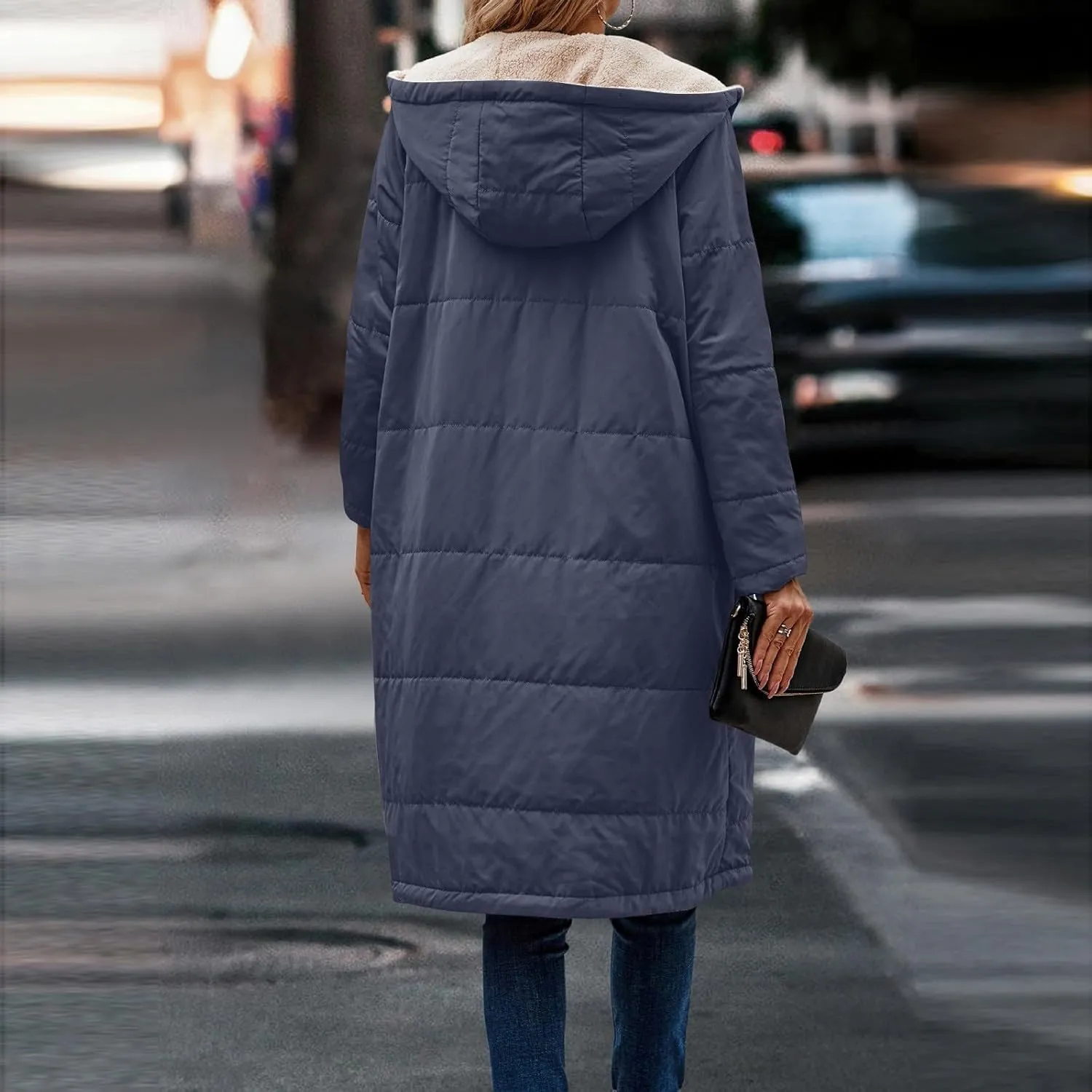 Jackets for Women Fashion Reversible Puffer Coats Oversized Sherpa Fleece Zip Hoodie Winter Warm Coat with Pockets
