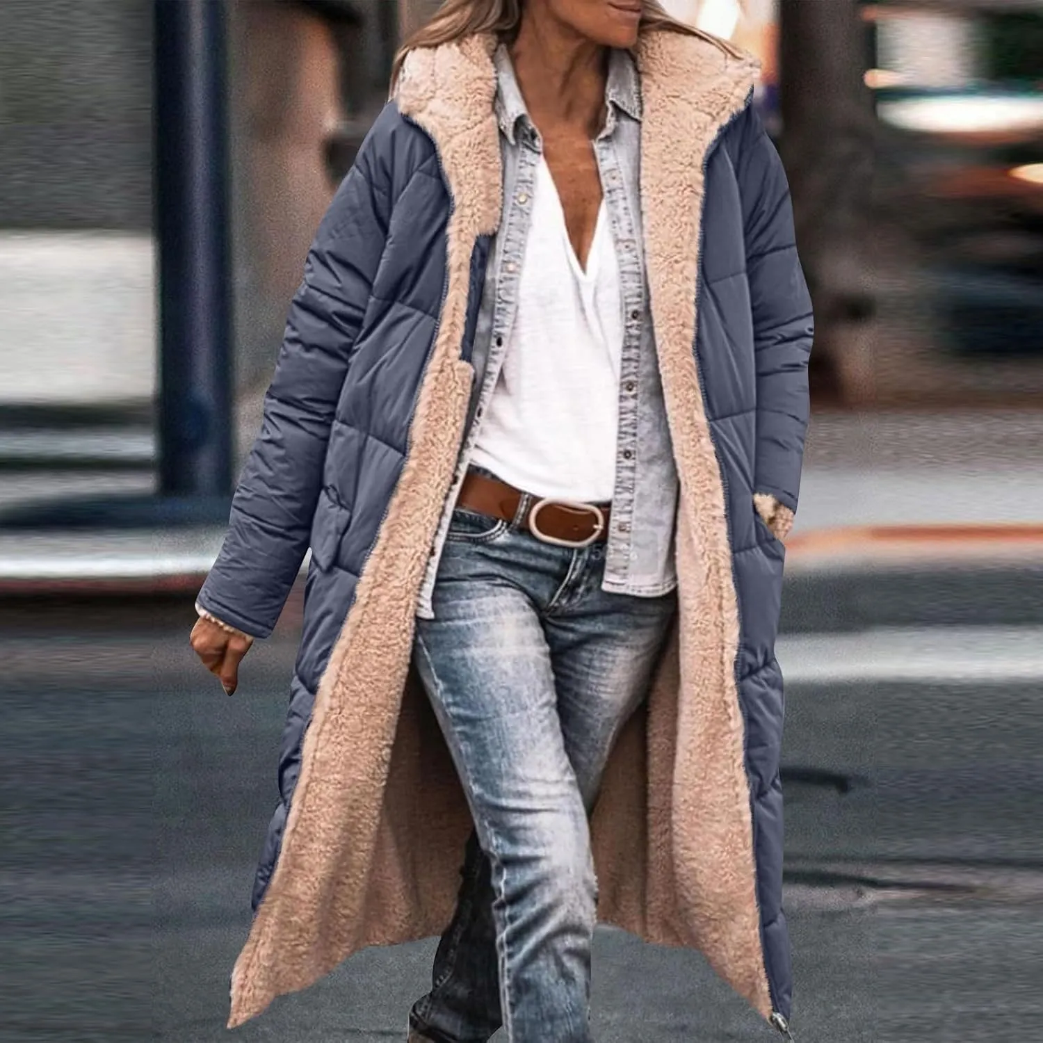 Jackets for Women Fashion Reversible Puffer Coats Oversized Sherpa Fleece Zip Hoodie Winter Warm Coat with Pockets