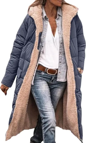Jackets for Women Fashion Reversible Puffer Coats Oversized Sherpa Fleece Zip Hoodie Winter Warm Coat with Pockets