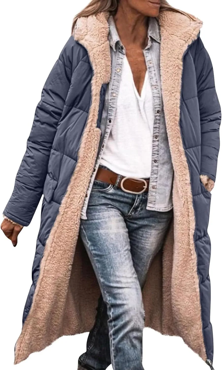 Jackets for Women Fashion Reversible Puffer Coats Oversized Sherpa Fleece Zip Hoodie Winter Warm Coat with Pockets