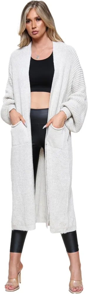 Janisramone Womens Knitted Chunky Cardigan, Open Front Balloon Sleeve Maxi Cardigan, Long Jumpers, Warm Coatigan Sweaters Cream