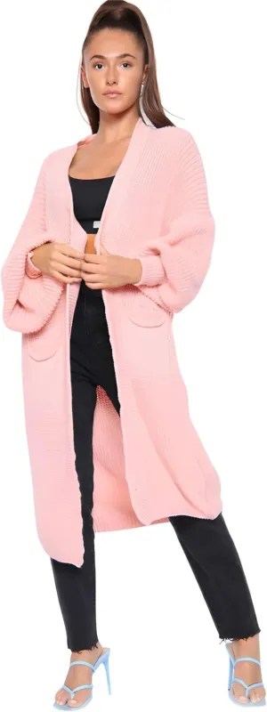 Janisramone Womens Knitted Chunky Cardigan, Open Front Balloon Sleeve Maxi Cardigan, Long Jumpers, Warm Coatigan Sweaters Dusty Pink
