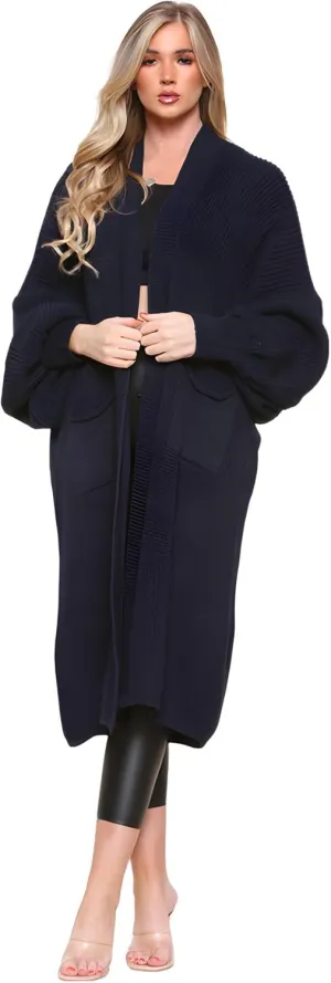 Janisramone Womens Knitted Chunky Cardigan, Open Front Balloon Sleeve Maxi Cardigan, Long Jumpers, Warm Coatigan Sweaters Navy