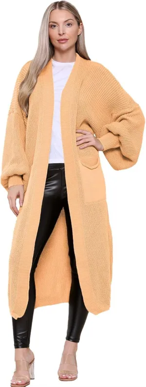 Janisramone Womens Knitted Chunky Cardigan, Open Front Balloon Sleeve Maxi Cardigan, Long Jumpers, Warm Coatigan Sweaters Nude