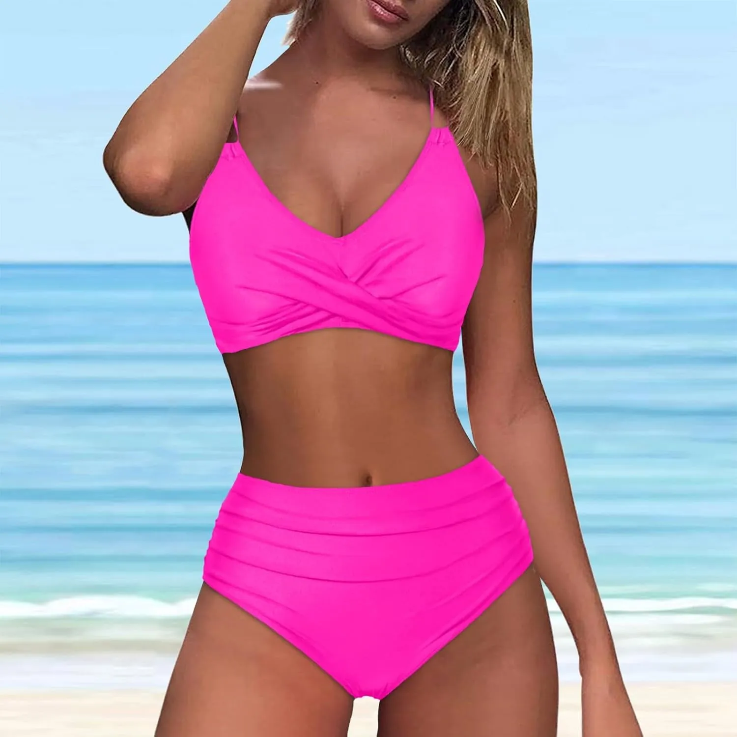 jsaierl Women Beachwear Summer Bikini Sets Sexy Front Twist Back Crossover Strappy Swimsuit Tummy Control Ruched Bathing Suit