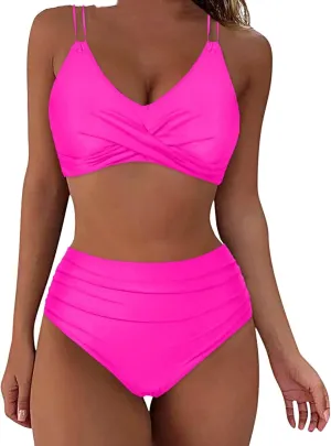 jsaierl Women Beachwear Summer Bikini Sets Sexy Front Twist Back Crossover Strappy Swimsuit Tummy Control Ruched Bathing Suit
