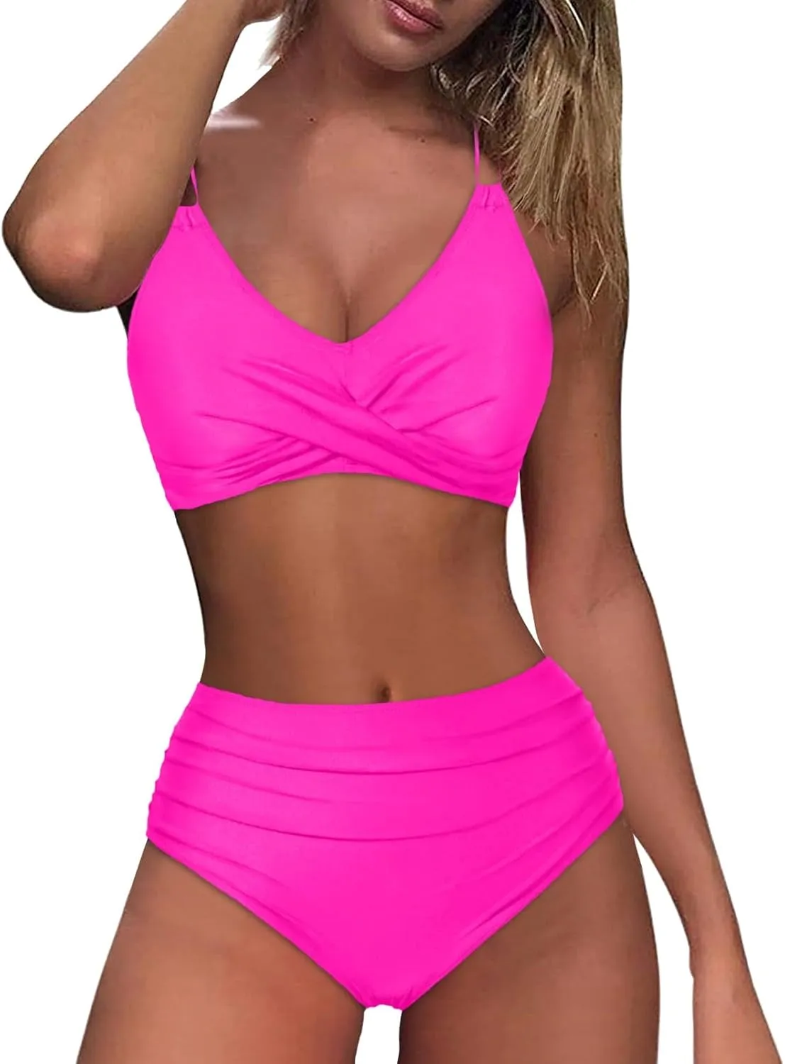jsaierl Women Beachwear Summer Bikini Sets Sexy Front Twist Back Crossover Strappy Swimsuit Tummy Control Ruched Bathing Suit