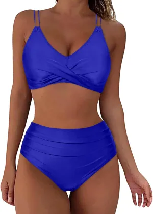 jsaierl Women Beachwear Summer Bikini Sets Sexy Front Twist Back Crossover Strappy Swimsuit Tummy Control Ruched Bathing Suit