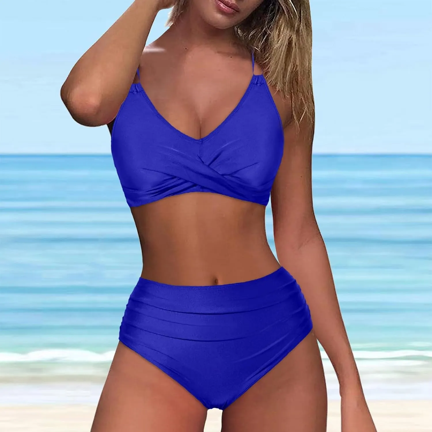jsaierl Women Beachwear Summer Bikini Sets Sexy Front Twist Back Crossover Strappy Swimsuit Tummy Control Ruched Bathing Suit