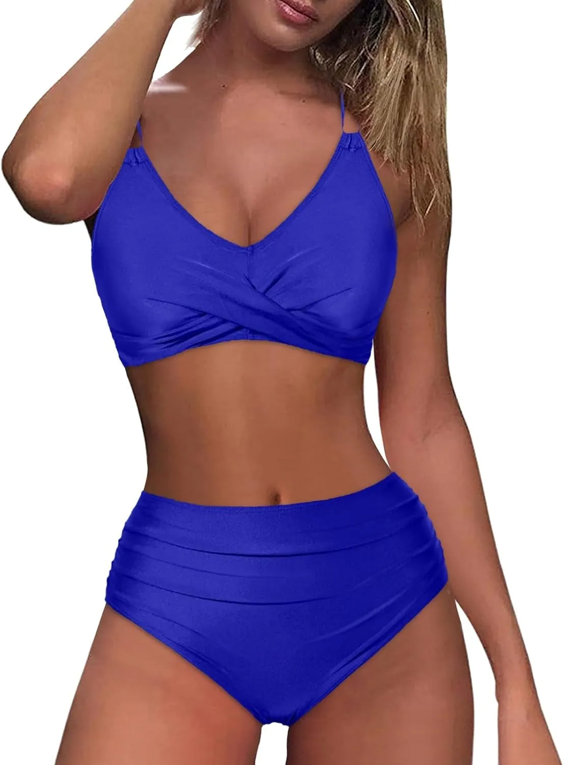 jsaierl Women Beachwear Summer Bikini Sets Sexy Front Twist Back Crossover Strappy Swimsuit Tummy Control Ruched Bathing Suit