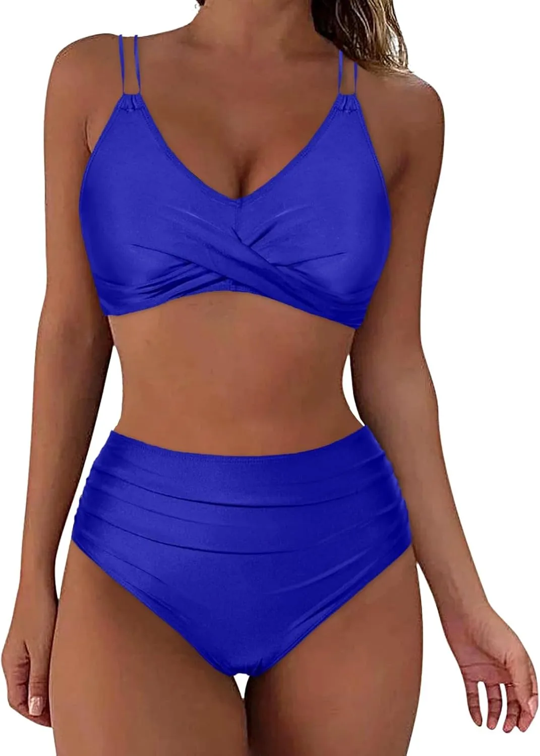 jsaierl Women Beachwear Summer Bikini Sets Sexy Front Twist Back Crossover Strappy Swimsuit Tummy Control Ruched Bathing Suit