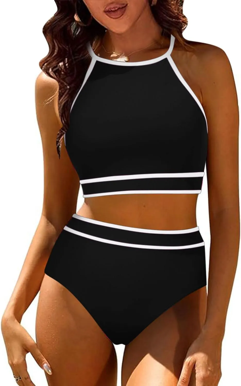 jsaierl Women Color Block Bikini Sets Tummy Control High Waisted Sporty Beach Swimwear Fashion Slimming 2 Piece Bathing Suits
