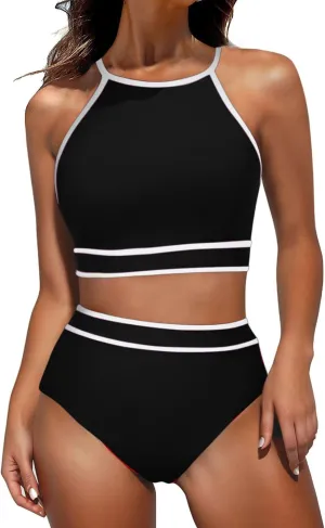 jsaierl Women Color Block Bikini Sets Tummy Control High Waisted Sporty Beach Swimwear Fashion Slimming 2 Piece Bathing Suits