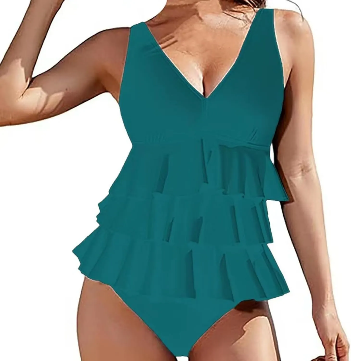 jsaierl Womens Bikini Sets Sweet Cute Ruffle V Neck 2 Piece Swimsuits Tummy Control Bathing Suits Summer Vacation Beachwear