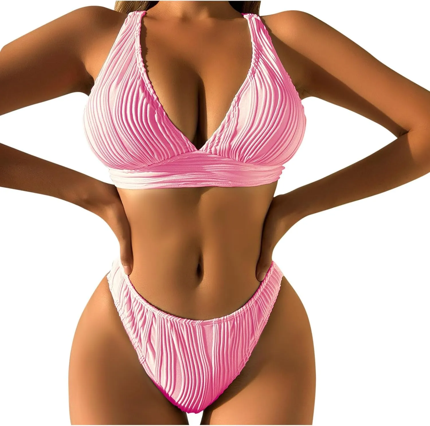 jsaierl Womens Sexy Bikini Sets Triangle Push Up Ribbed Swimsuits Back Crossover High Leg Bathing Suits Summer Swimwear