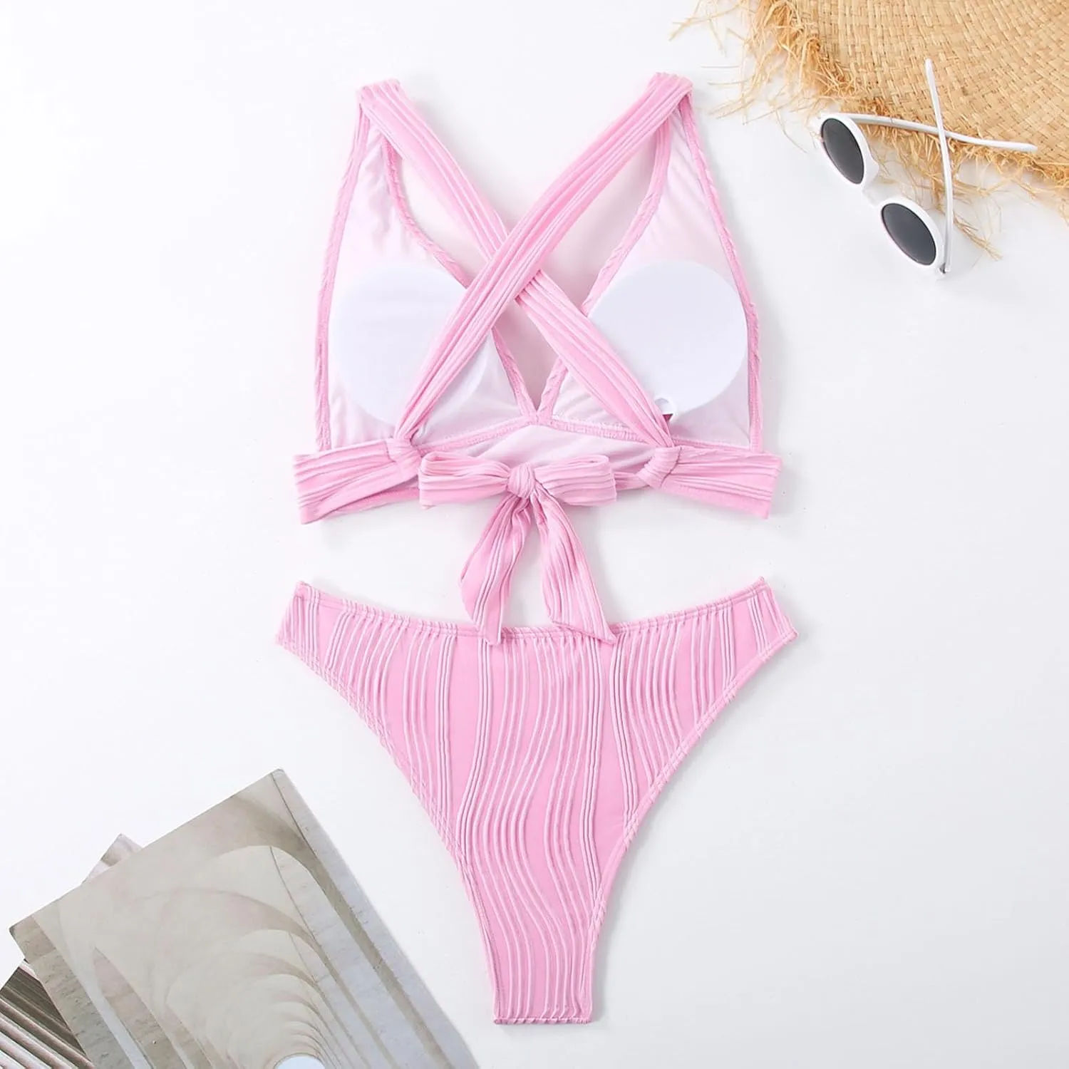 jsaierl Womens Sexy Bikini Sets Triangle Push Up Ribbed Swimsuits Back Crossover High Leg Bathing Suits Summer Swimwear