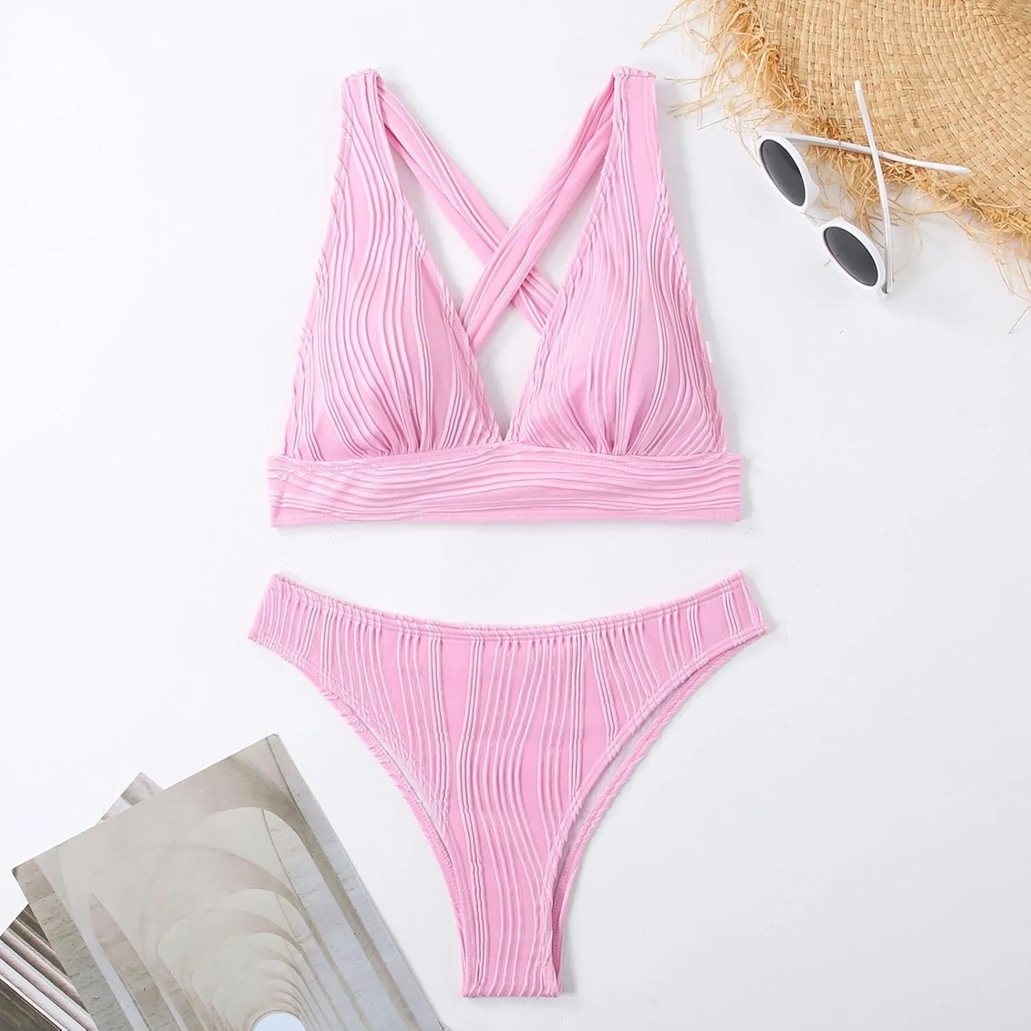 jsaierl Womens Sexy Bikini Sets Triangle Push Up Ribbed Swimsuits Back Crossover High Leg Bathing Suits Summer Swimwear