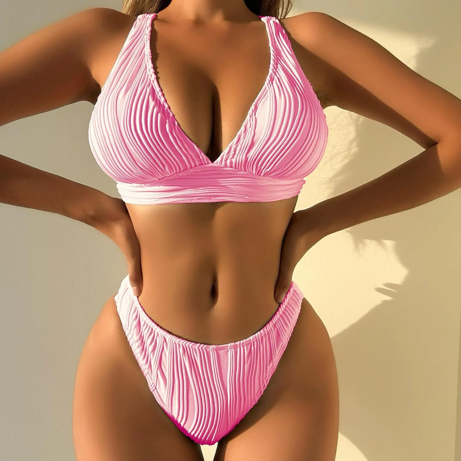 jsaierl Womens Sexy Bikini Sets Triangle Push Up Ribbed Swimsuits Back Crossover High Leg Bathing Suits Summer Swimwear