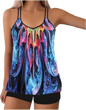 jsaierl Women's Swimsuits High Waisted Tankini Swimsuit Tummy Control 2 Piece Bathing Suit Adjustable Double Strap Swimwear