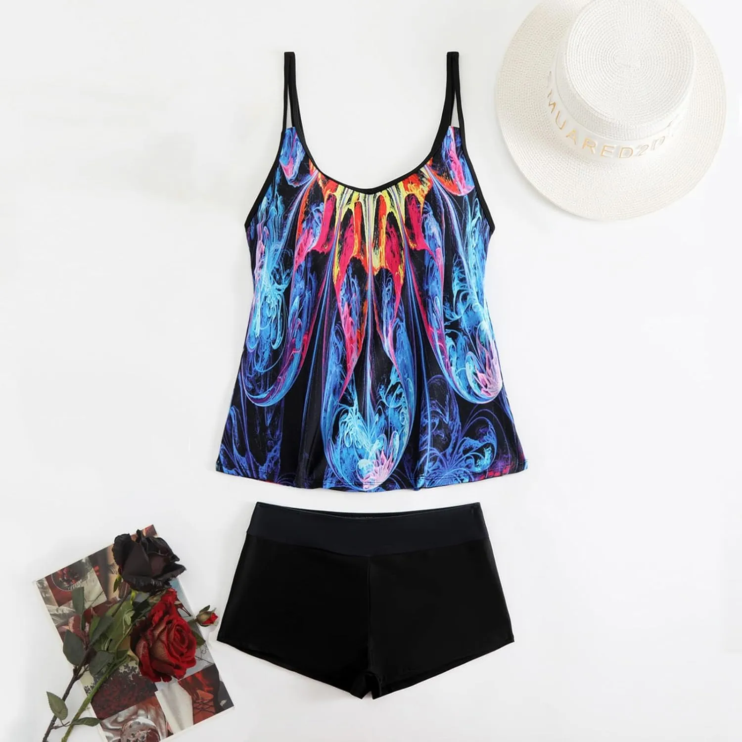 jsaierl Women's Swimsuits High Waisted Tankini Swimsuit Tummy Control 2 Piece Bathing Suit Adjustable Double Strap Swimwear