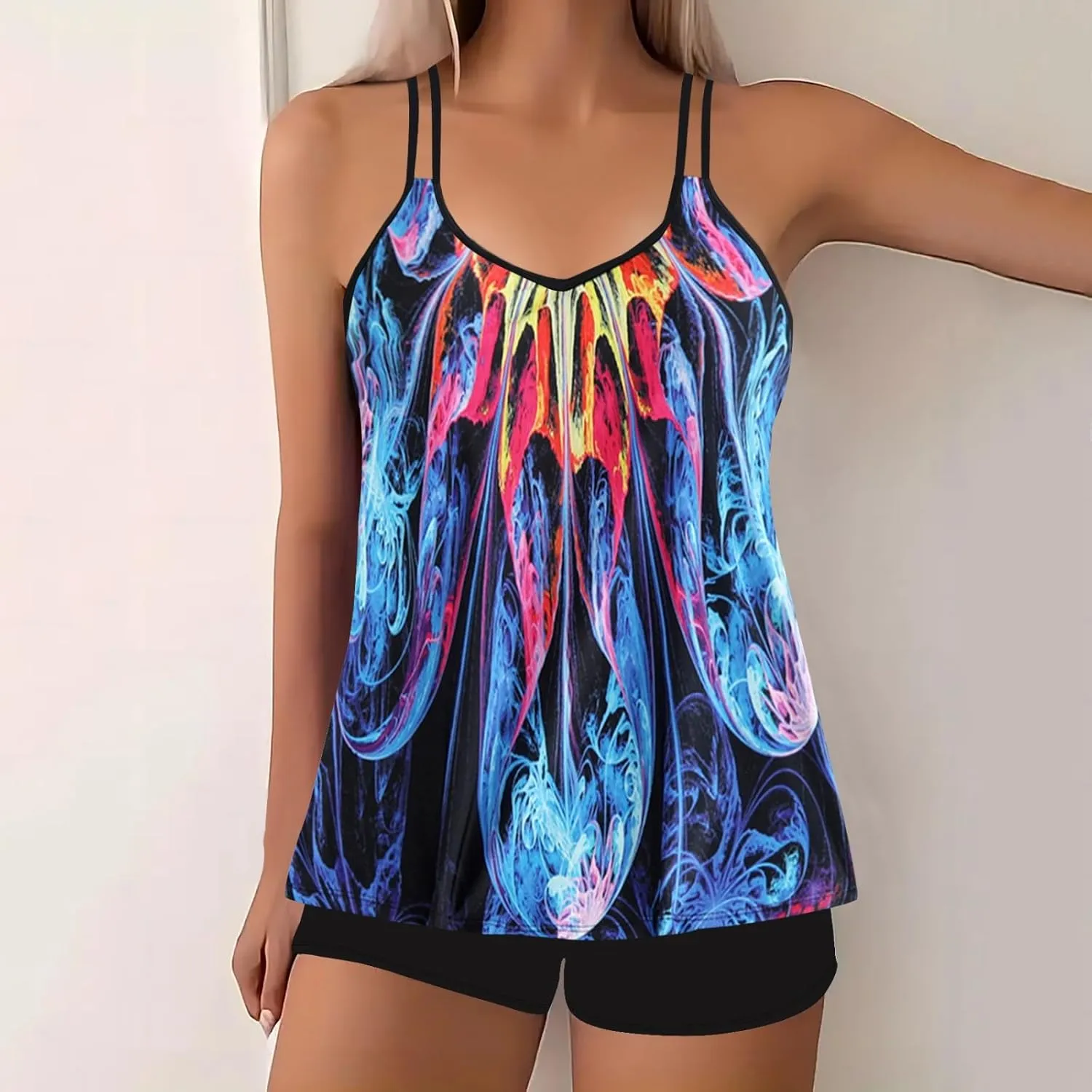 jsaierl Women's Swimsuits High Waisted Tankini Swimsuit Tummy Control 2 Piece Bathing Suit Adjustable Double Strap Swimwear