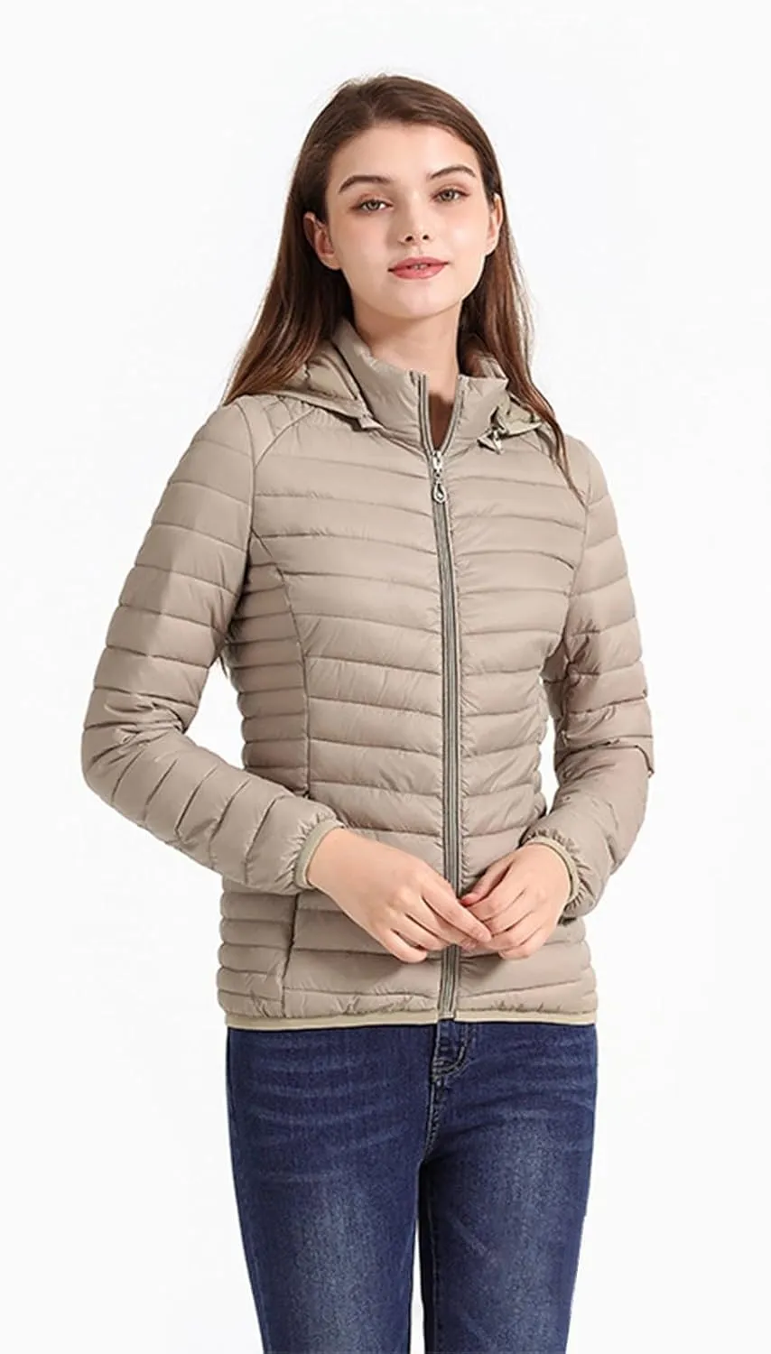 Lightweight Puffer Coats for Women Packable Quilted Zipper Down Jackets with Removed Hood Winter Warm Outerwear 2024