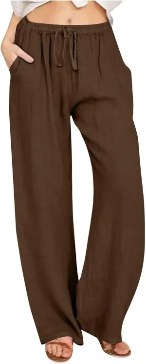 Linen Pants Women Casual High Waist Wide Leg Pants Lightweight Drawstring Palazzo Pants Lounge Pants with Pockets