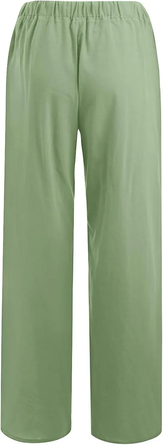Linen Pants Women Casual High Waist Wide Leg Pants Lightweight Drawstring Palazzo Pants Lounge Pants with Pockets