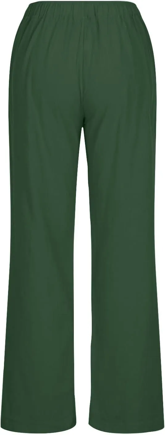 Linen Pants Women Casual High Waist Wide Leg Pants Lightweight Drawstring Palazzo Pants Lounge Pants with Pockets