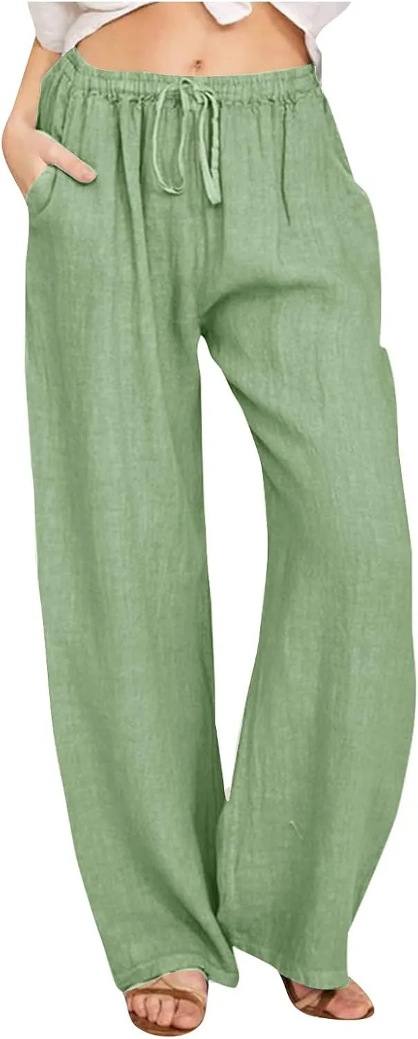 Linen Pants Women Casual High Waist Wide Leg Pants Lightweight Drawstring Palazzo Pants Lounge Pants with Pockets