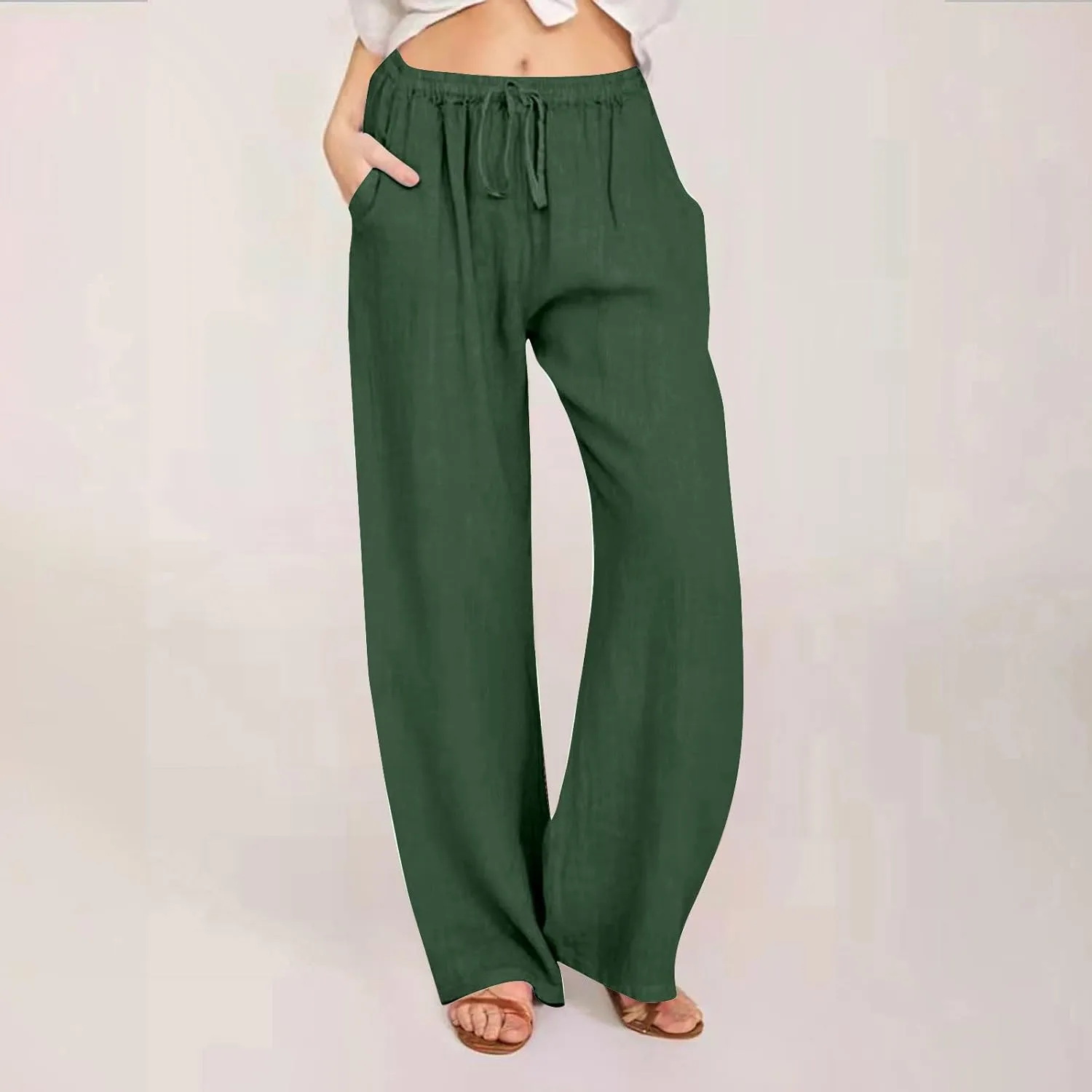 Linen Pants Women Casual High Waist Wide Leg Pants Lightweight Drawstring Palazzo Pants Lounge Pants with Pockets