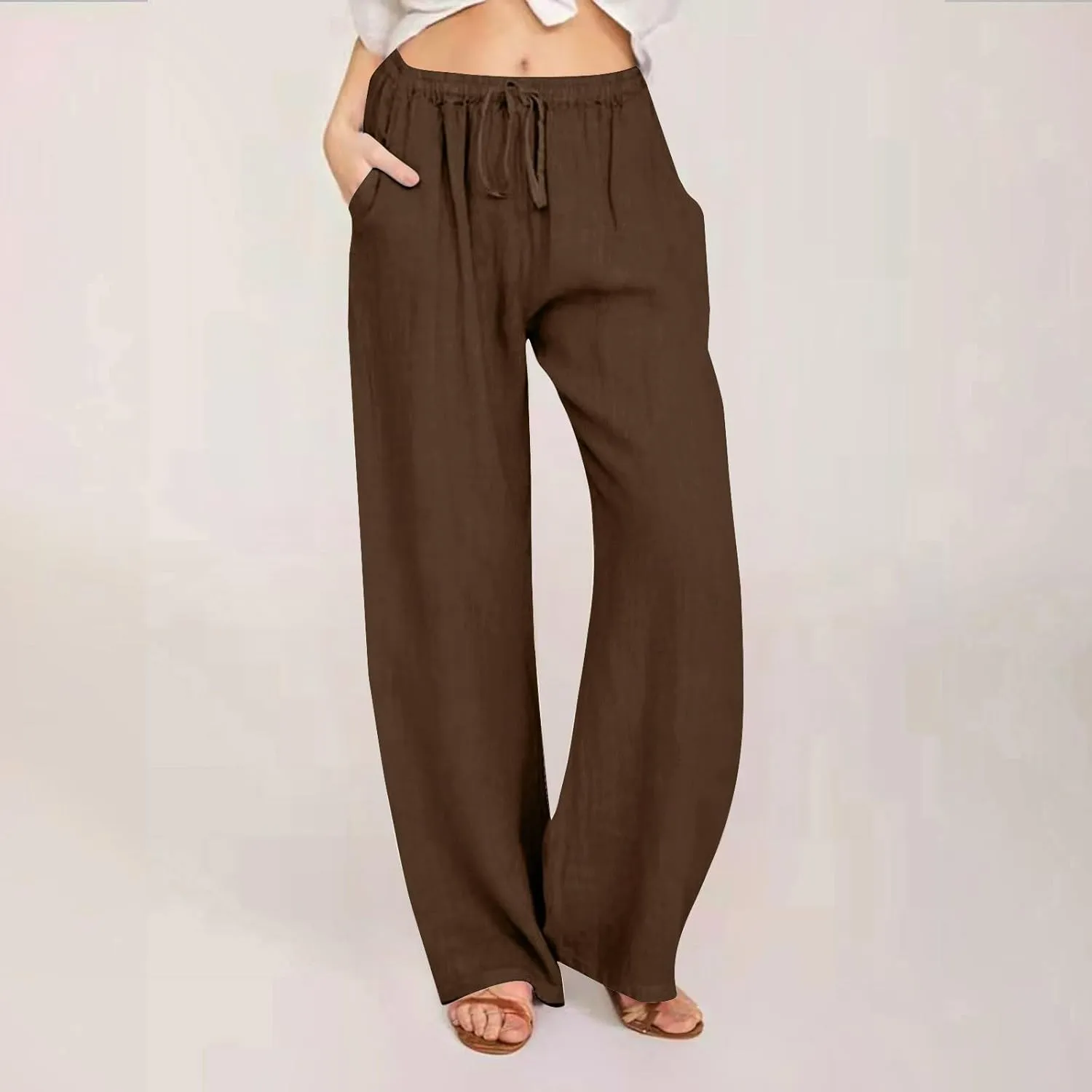 Linen Pants Women Casual High Waist Wide Leg Pants Lightweight Drawstring Palazzo Pants Lounge Pants with Pockets