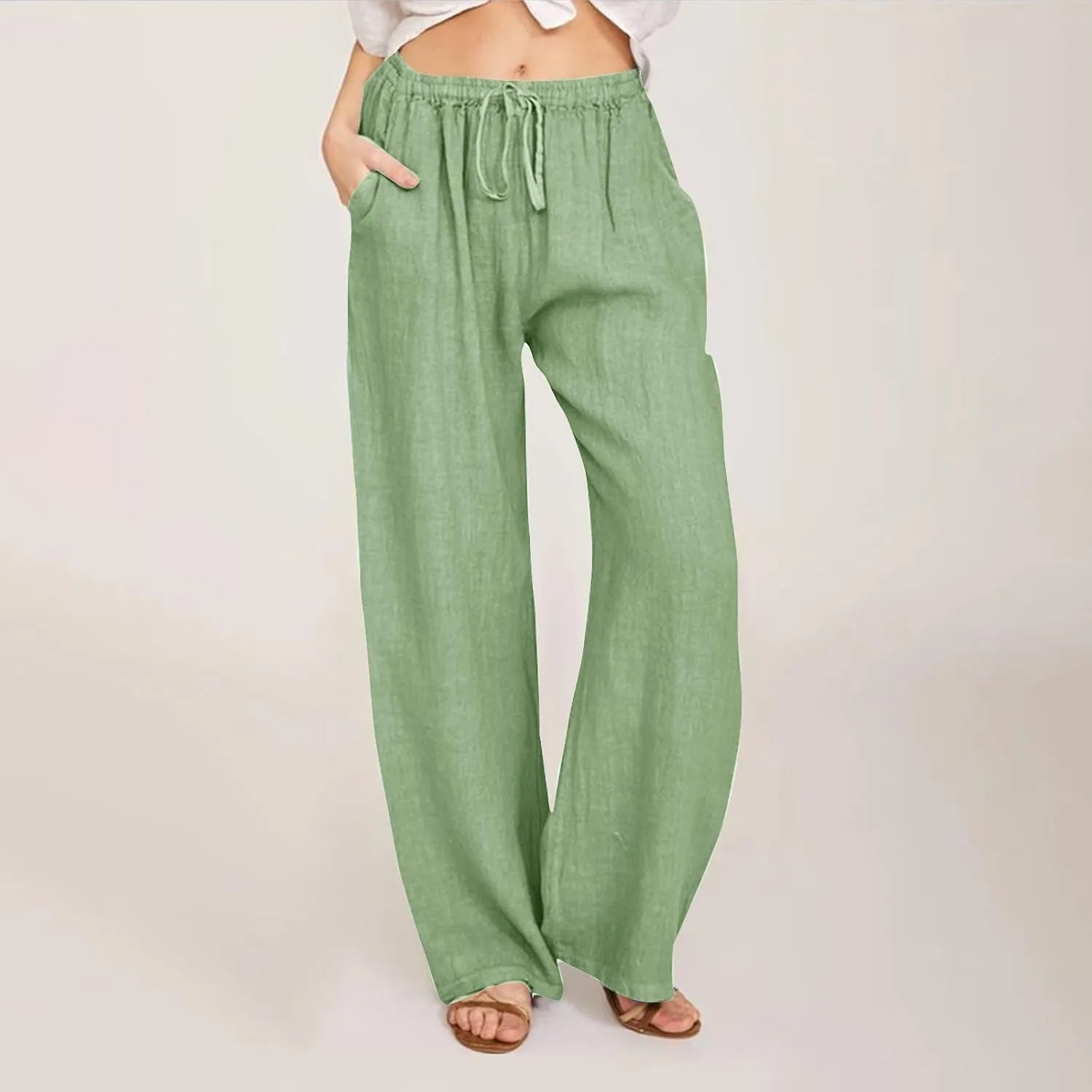 Linen Pants Women Casual High Waist Wide Leg Pants Lightweight Drawstring Palazzo Pants Lounge Pants with Pockets