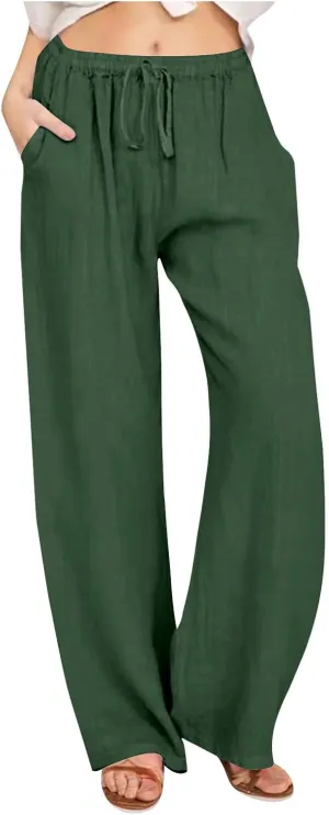 Linen Pants Women Casual High Waist Wide Leg Pants Lightweight Drawstring Palazzo Pants Lounge Pants with Pockets