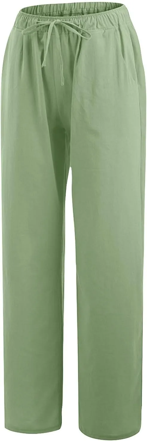 Linen Pants Women Casual High Waist Wide Leg Pants Lightweight Drawstring Palazzo Pants Lounge Pants with Pockets
